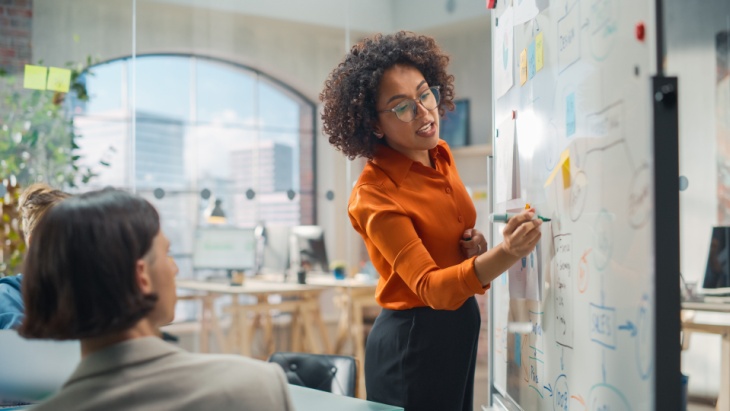 a woman presents her proposal on a whiteboard while another colleague sits and listens